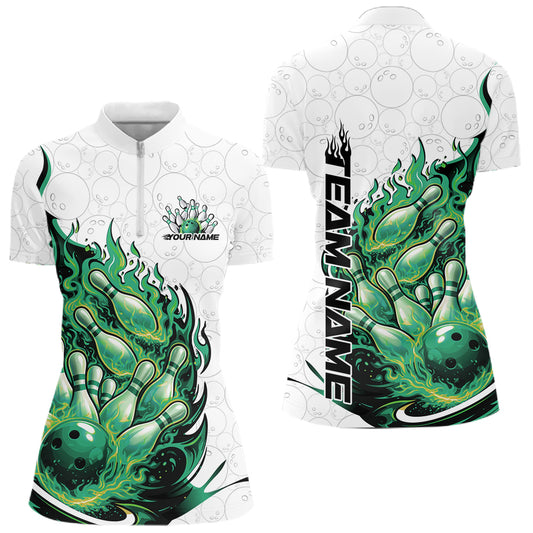 Front and back mockup of womens bowling quarter zip in white and green featuring flaming bowling ball crashing into pins with energetic fire themed sports artwork.