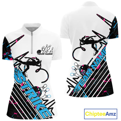 Custom Blue And Pink Camo Strike Bowling Women Quarter-Zip Shirts, Bowling Heartbeat IPHW9248
