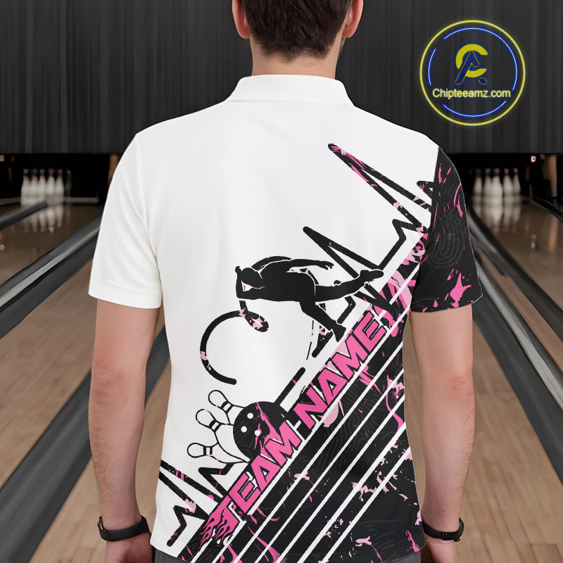 Custom Black And Pink Camo Strike Bowling Polo Shirt For Men, Bowling Heartbeat Pulse Line IPHW9250
