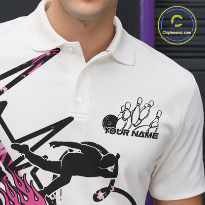 Custom Black And Pink Camo Strike Bowling Polo Shirt For Men, Bowling Heartbeat Pulse Line IPHW9250
