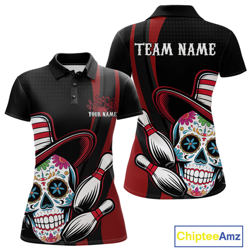 Custom Black And Red Sugar Skull Bowling Team Polo Shirts For Women, Bowling League Shirt IPHW9256