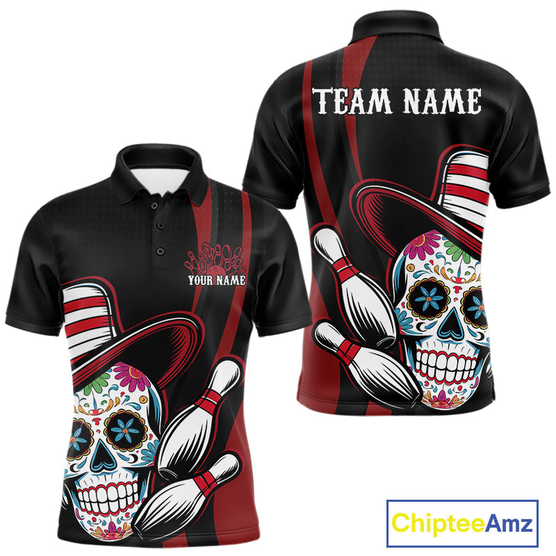 Custom Black And Red Sugar Skull Bowling Team Polo Shirts For Men, Bowling League Shirt IPHW9256