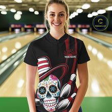 Load image into Gallery viewer, Custom Black And Red Sugar Skull Bowling Women Quarter-Zip Shirt, Bowling League Shirt IPHW9256