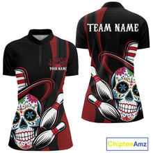 Load image into Gallery viewer, Custom Black And Red Sugar Skull Bowling Women Quarter-Zip Shirt, Bowling League Shirt IPHW9256