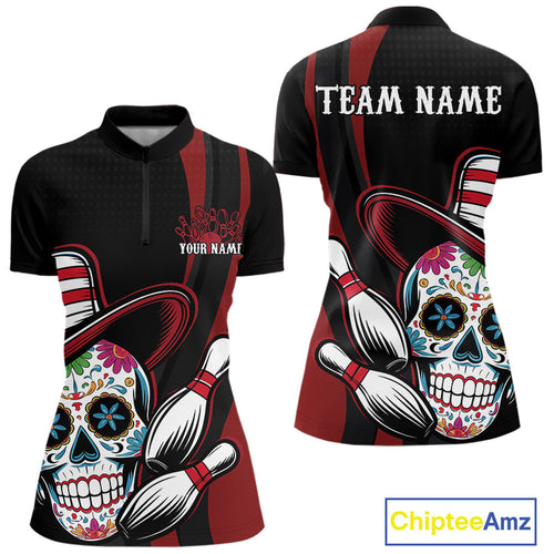 Custom Black And Red Sugar Skull Bowling Women Quarter-Zip Shirt, Bowling League Shirt IPHW9256