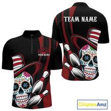 Load image into Gallery viewer, Custom Black And Red Sugar Skull Bowling Team Quarter-Zip Shirts For Men, Bowling League Shirt IPHW9256