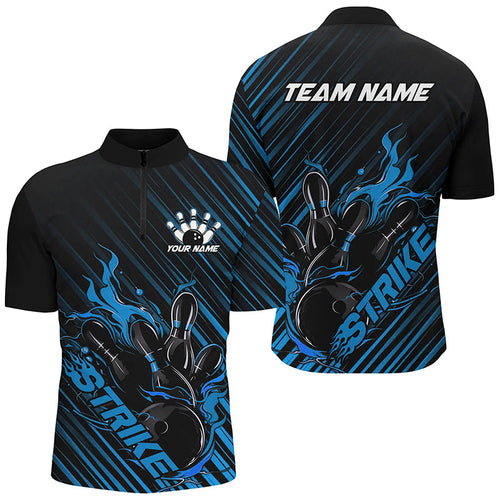 Custom Black And Blue Flame Bowling Shirts For Men, Strike Bowling Team Shirts Outfit Bowling IPHW7320