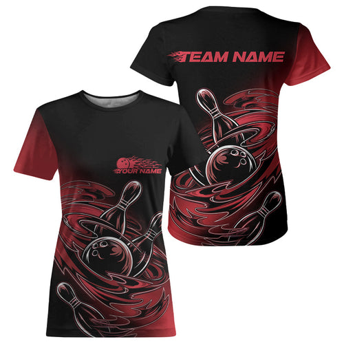 Custom Striking Black And Red Flame Bowling T-Shirts For Women, Red Bowling Jerseys IPHW8042