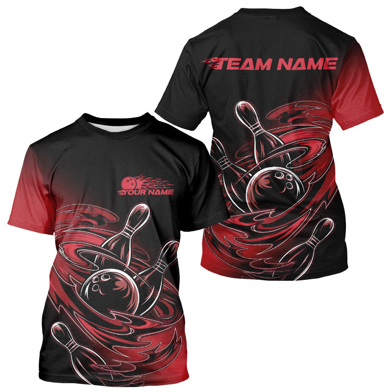 Custom Striking Black And Red Flame Bowling T-Shirts For Men, Red Bowling Jerseys IPHW8042