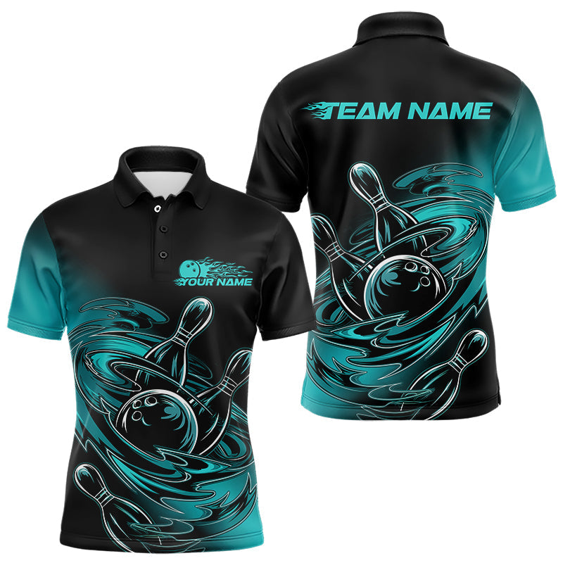 Custom Striking Black And Blue Flame Bowling Polo Shirts For Men, Ball Blue Bowling Jerseys IPHW8044