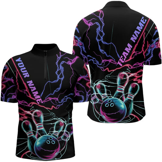 Colorful Neon Thunder Lightning Style Custom Bowling Quarter-Zip Team Shirts For Men IPHW8053