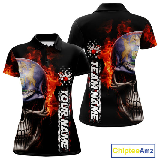 Custom Flame Skull American Michigan Flag Women Bowling Team Shirt, Patriotic Bowling Jersey IPHW10636