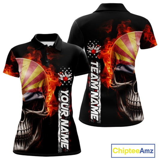 Custom Flame Skull American Arizona Flag Women Bowling Team Shirt, Patriotic Bowling Jersey IPHW10638