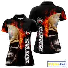 Load image into Gallery viewer, Custom Flame Skull American New Jersey Flag Women Bowling Shirt, Patriotic Bowling Shirt IPHW10639