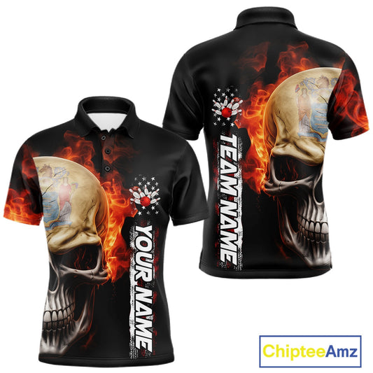 Custom Flame Skull American New Jersey Flag Men Bowling Shirt, Patriotic Bowling Shirt IPHW10639