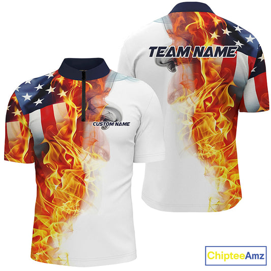 Flame American Flag Custom Polo  /Quarter-Zip Shirts For Men Women, Patriotic Bowling Team Jersey IPHW5984