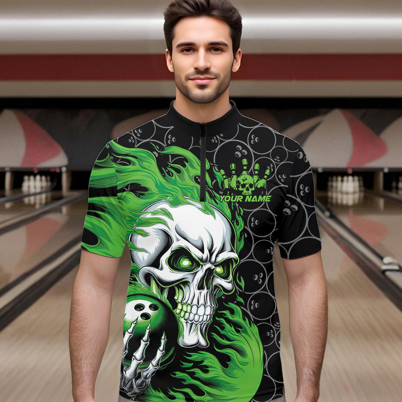 Custom Black And Green Flame Skull Bowling Men Quarter-Zip Shirts, Skull Halloween Bowling Outfit IPHW8775