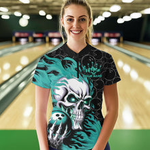 Load image into Gallery viewer, Custom Black And Blue Flame Skull Bowling Women Quarter-Zip Shirts, Halloween Team Outfit IPHW8776