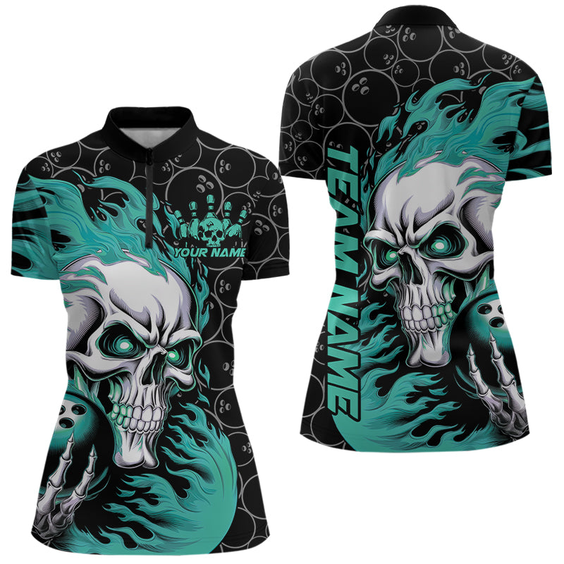 Custom Black And Blue Flame Skull Bowling Women Quarter-Zip Shirts, Halloween Team Outfit IPHW8776