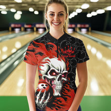 Load image into Gallery viewer, Custom Black And Red Flame Skull Bowling Women Quarter-Zip Shirts, Halloween Bowling Outfit IPHW8777