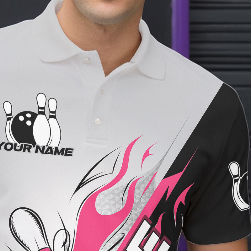 Custom Pink Flame Strike Bowling Men Polo Shirts, Bowling Team Uniform Bowling League Shirt IPHW8778