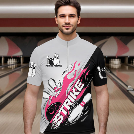 Custom Pink Flame Strike Bowling Men Quarter-Zip Shirts, Bowling Team Uniform Bowling League Shirt IPHW8778