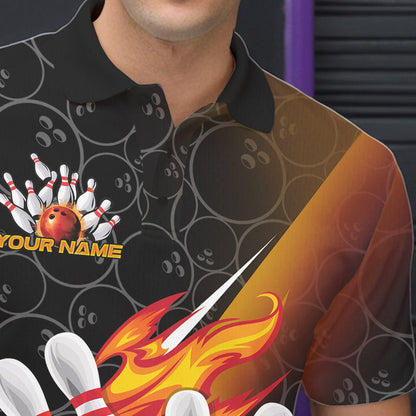 Custom Black And Red Orange Flame Strike Bowling Men Polo Shirts, Bowling Ball Pattern Shirt IPHW8781