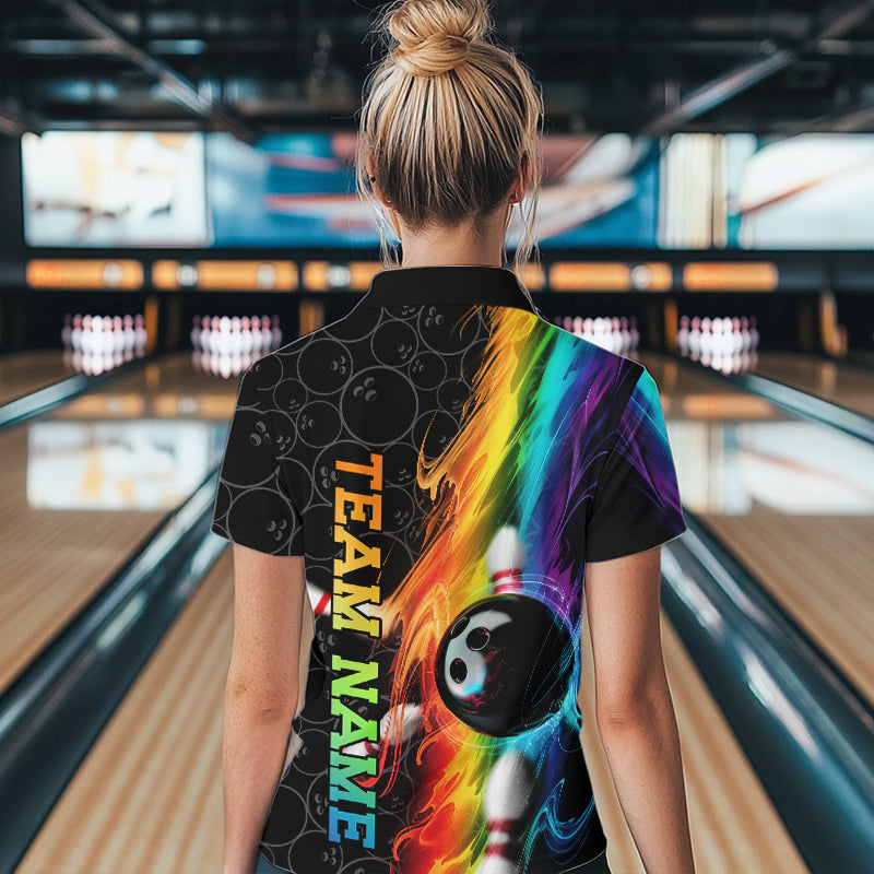 Custom Colorful Rainbow Flame Bowling Team Quarter-Zip Shirts For Women, Bowlers Outfits IPHW8784