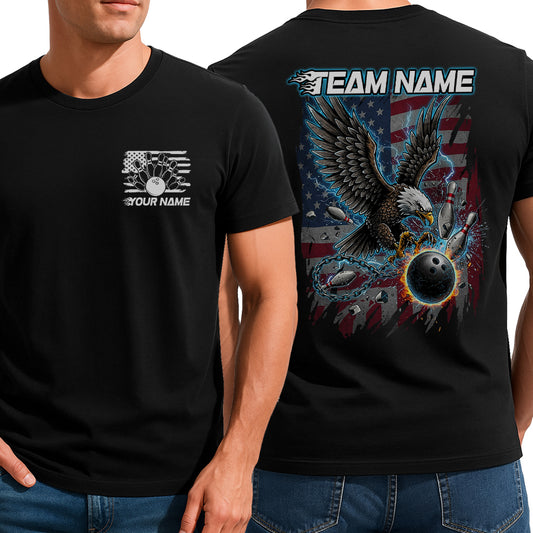 Custom Grunge American Flag Eagle Bowling T-Shirts For Men, Blue Lightning Design IPHW9059