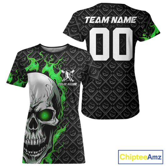 Custom Green Flame Skull Baseball Women T-Shirts Shirts, Baseball Team Uniform Halloween Outfit IPHW9587