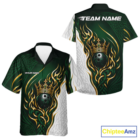 Custom White And Green Irish Tribal Pattern Bowling Ball With Crown Men And Women Hawaiian Team Shirt IPHW11697