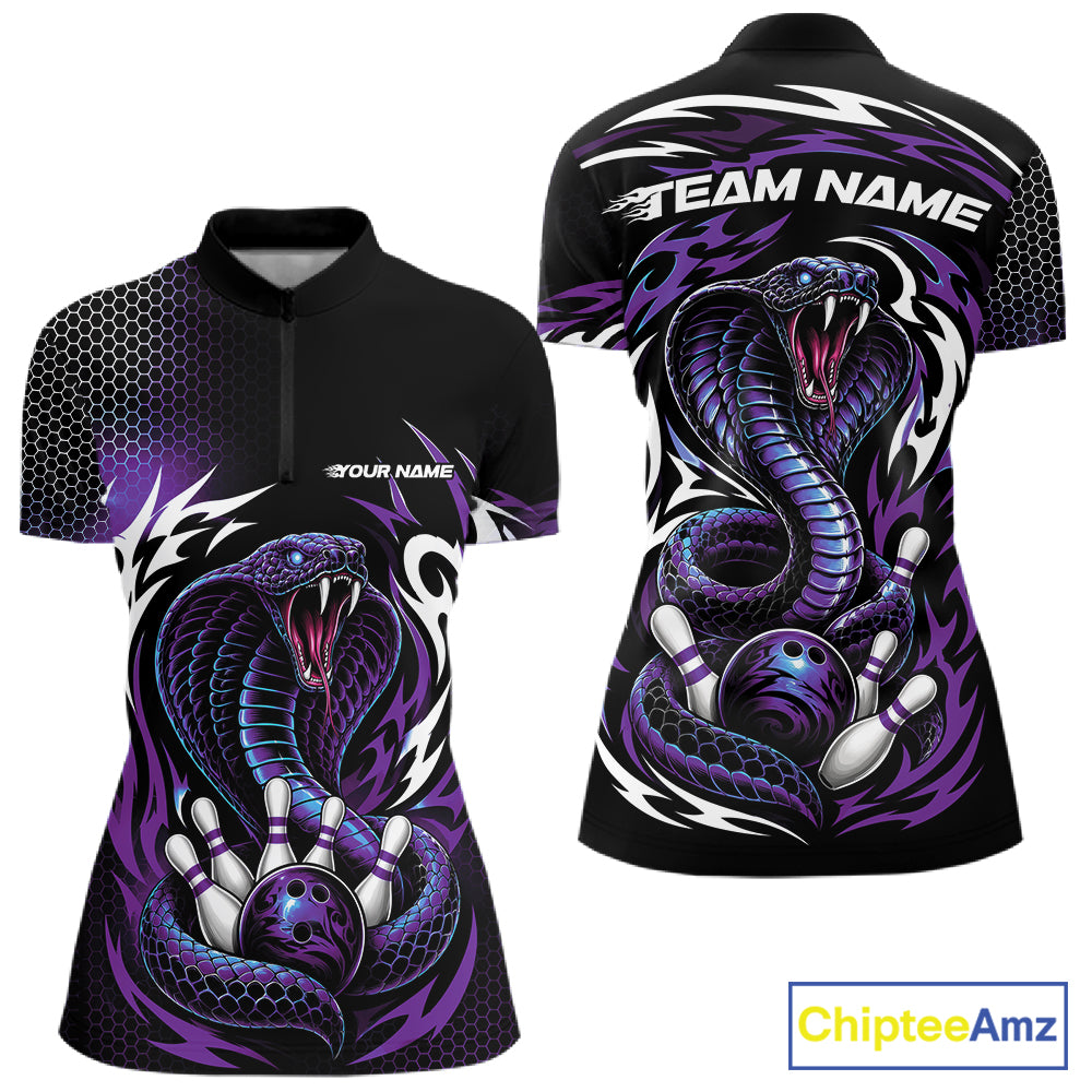 Custom Purple Tribal Cobra Snake Bowling Jerseys Bowling Women Quarter-Zip Shirt IPHW11712