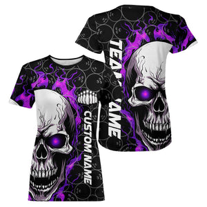 Custom Black And Purple Flaming Skull Team Bowling Women T-Shirts Shirts, Halloween Bowlers Outfits IPHW5181