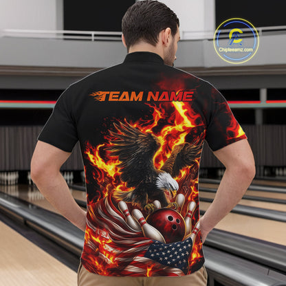 Custom Patriotic Fire Flame Eagle Men Bowling Team Shirt, Firefighter Bowling Shirt IPHW10201