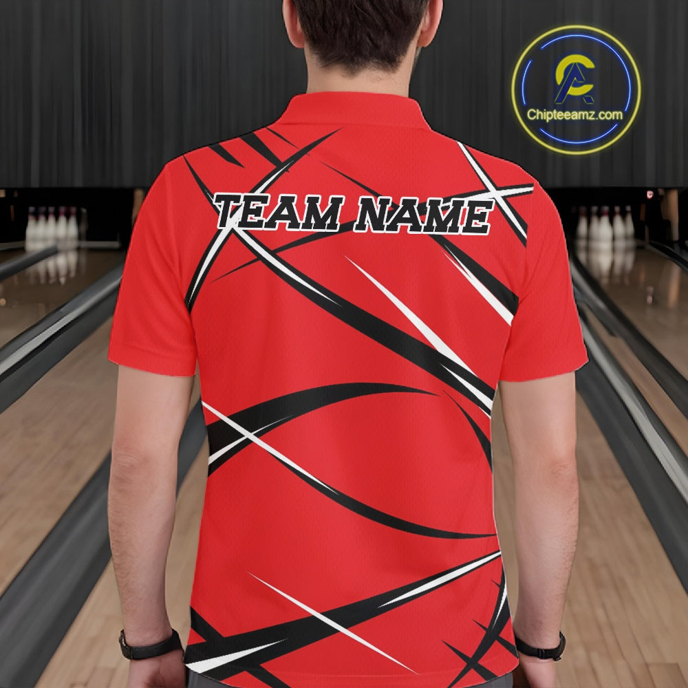 Back view of a male bowler wearing a red, black, and white bowling polo shirt in a bowling lane