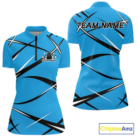 Front and back view of a women's bowling quarter-zip shirt mockup featuring a blue, black, and white athletic bowling jersey design