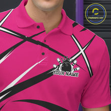 Load image into Gallery viewer, Close-up of the left chest area on a bowling polo shirt featuring a pink, black, and white athletic jersey pattern