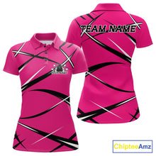 Load image into Gallery viewer, Front and back view of a women s bowling polo shirt mockup with a pink, black, and white sporty jersey inspired design
