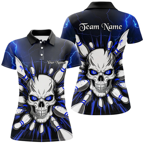 Blue Lightning Custom Skull Bowling Shirt For Women, Halloween Bowling Team Polo Shirt IPHW6761