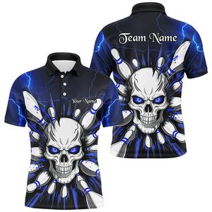 Blue Lightning Thunder Custom Skull Bowling Shirt For Men, Halloween Bowling Team Polo Shirt IPHW6761