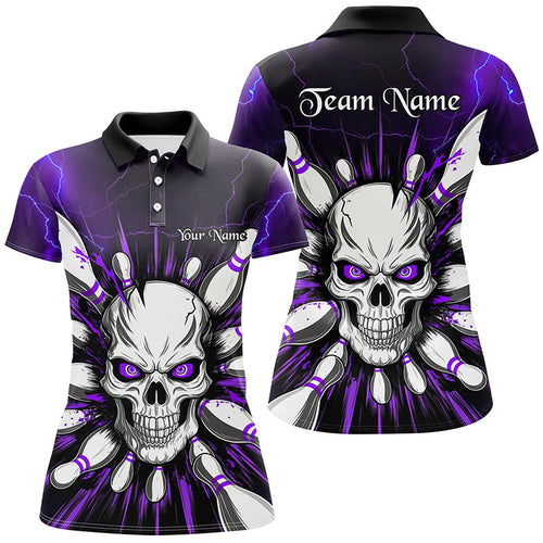 Purple Lightning Custom Skull Bowling Shirt For Women, Halloween Bowling Team Polo Shirt IPHW6762