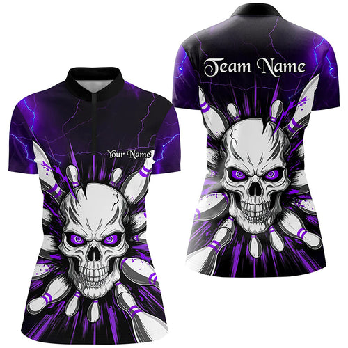 Purple Lightning Custom Skull Bowling Shirt For Women, Halloween Bowling Team Shirt IPHW6762