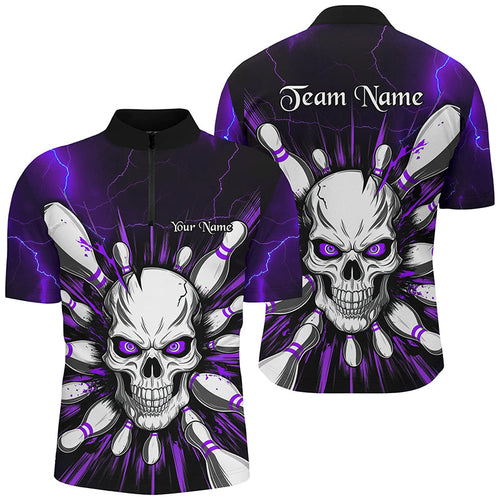 Purple Lightning Custom Skull Bowling Shirt For Men, Halloween Bowling Team Quarter Zip Shirt IPHW6762