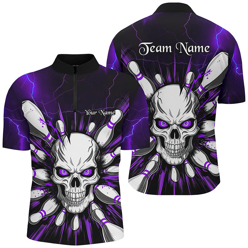 Purple Lightning Custom Skull Bowling Shirt For Men, Halloween Bowling Team Quarter Zip Shirt IPHW6762