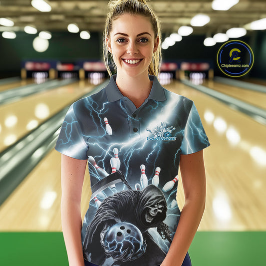 Custom Blue Thunder Lightning Grim Reaper Bowling Women Polo Shirt, Halloween Outfit IPHW9797