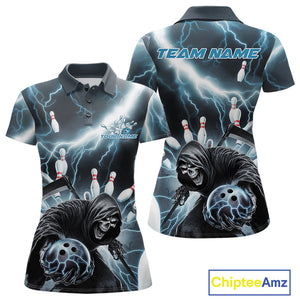 Custom Blue Thunder Lightning Grim Reaper Bowling Women Polo Shirt, Halloween Outfit IPHW9797