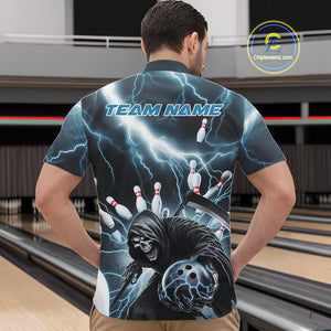 Custom Blue Thunder Lightning Grim Reaper Bowling Men Quarter-Zip Shirt, Halloween Bowling Outfit IPHW9797