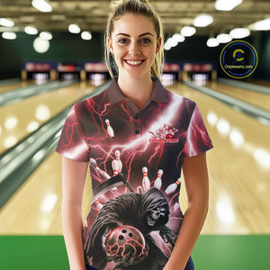 Custom Red Thunder Lightning Grim Reaper Bowling Women Polo Shirt, Halloween Outfit IPHW9798