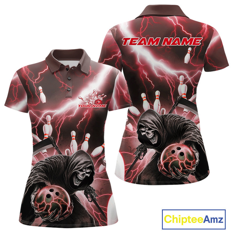 Custom Red Thunder Lightning Grim Reaper Bowling Women Polo Shirt, Halloween Outfit IPHW9798