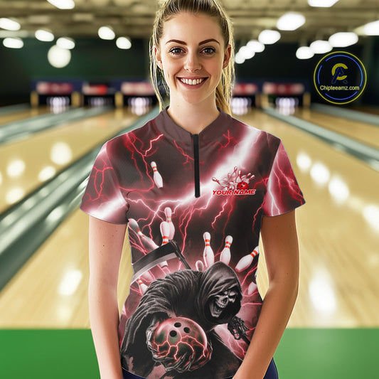 Custom Red Lightning Grim Reaper Bowling Women Quarter-Zip Shirt, Halloween Outfit IPHW9798